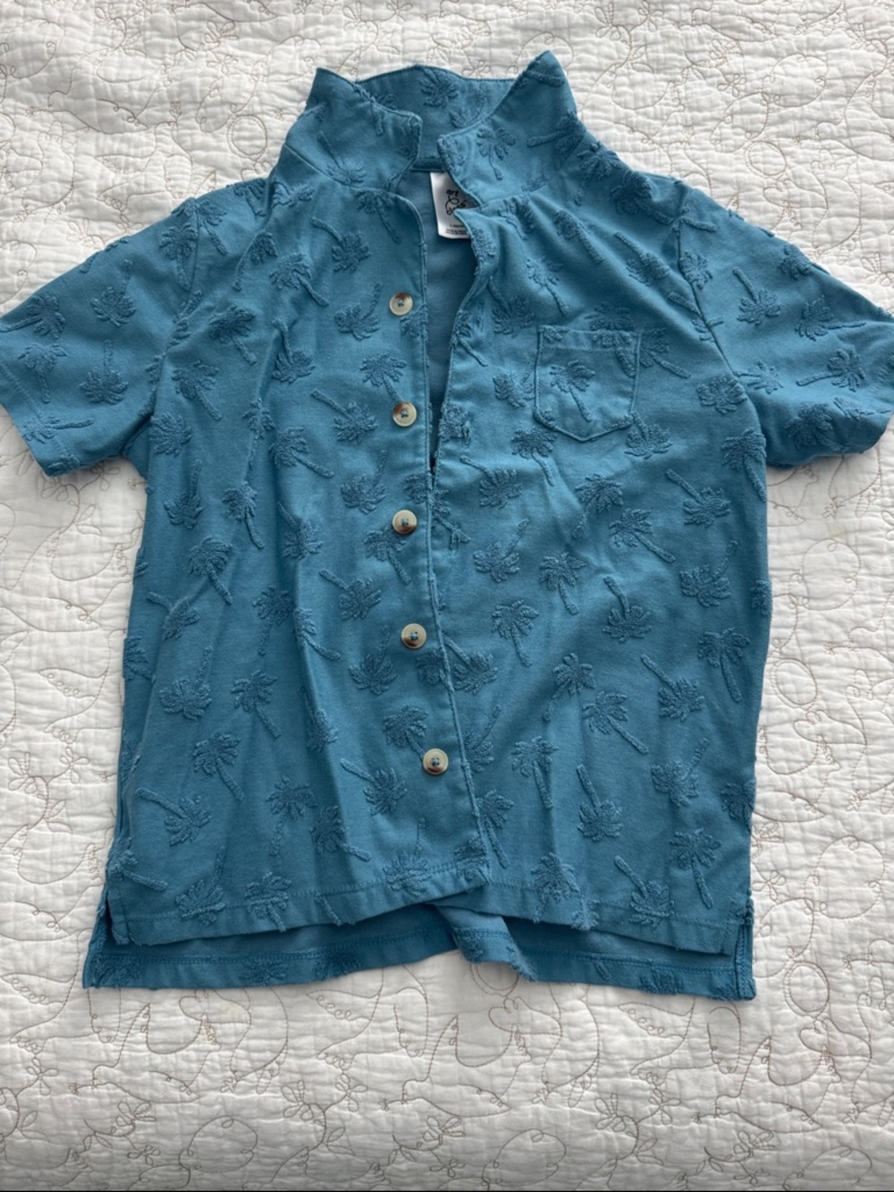 Art Class Kids Short-Sleeve Button-Down Shirt in Teal with Palm Texture